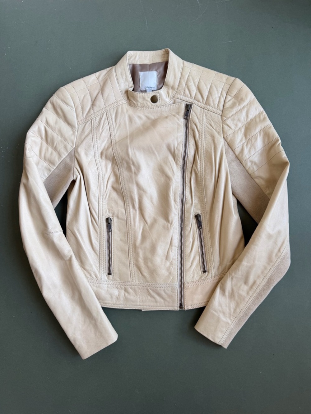 Halogen Womens Genuine Leather Cream Moto Jacket Ribbed Knit Sleeves Quilted XS